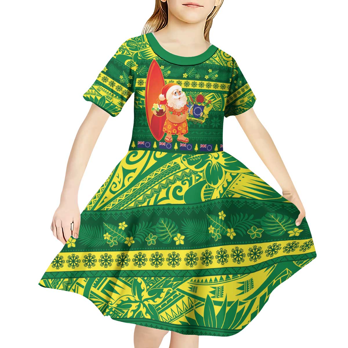 Cook Islands Christmas Kid Short Sleeve Dress Surfing Santa Mere Kiritimiti - Polynesian Pride