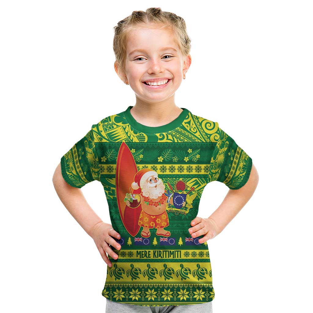 Cook Islands Christmas Kid T Shirt Surfing Santa Mere Kiritimiti - Polynesian Pride