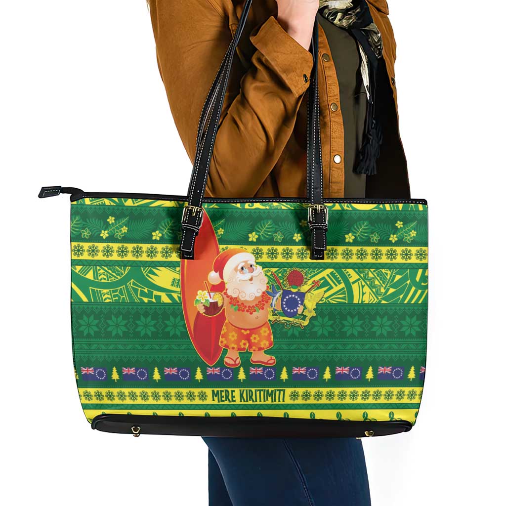 Cook Islands Christmas Leather Tote Bag Surfing Santa Mere Kiritimiti - Polynesian Pride