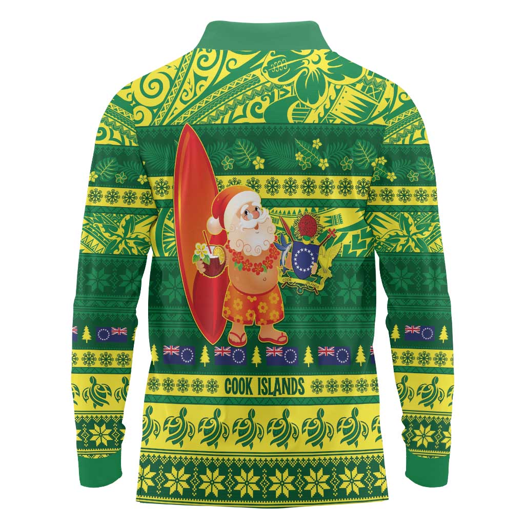 Cook Islands Christmas Long Sleeve Polo Shirt Surfing Santa Mere Kiritimiti - Polynesian Pride