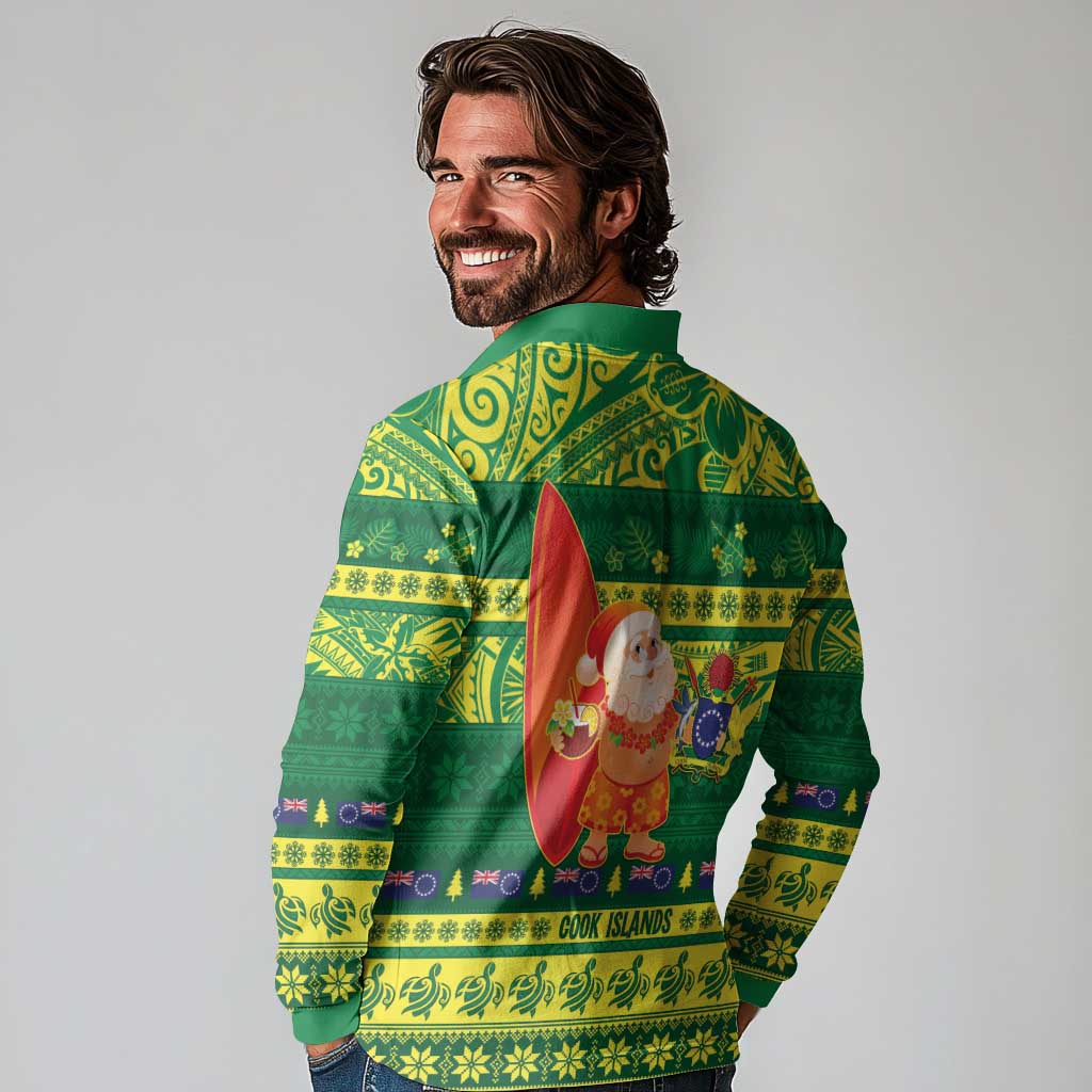 Cook Islands Christmas Long Sleeve Polo Shirt Surfing Santa Mere Kiritimiti - Polynesian Pride