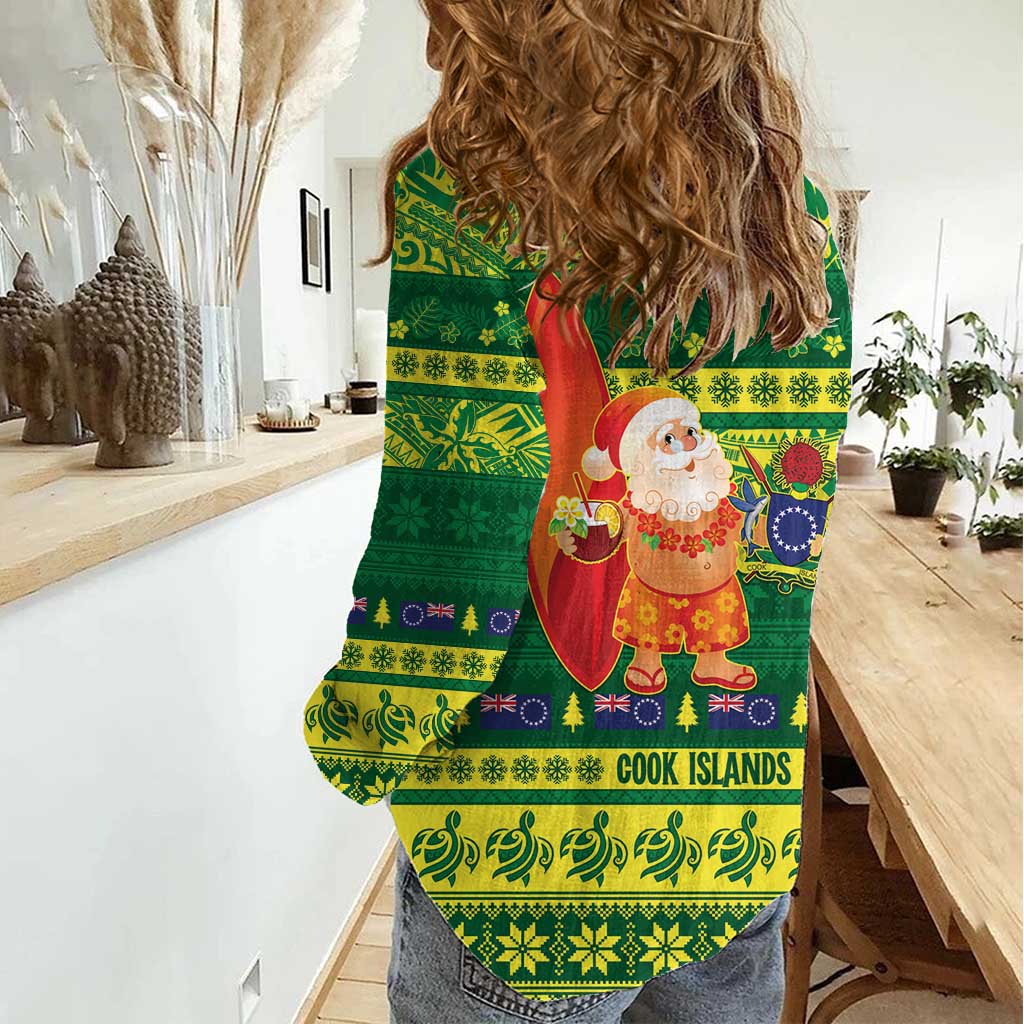 Cook Islands Christmas Women Casual Shirt Surfing Santa Mere Kiritimiti - Polynesian Pride