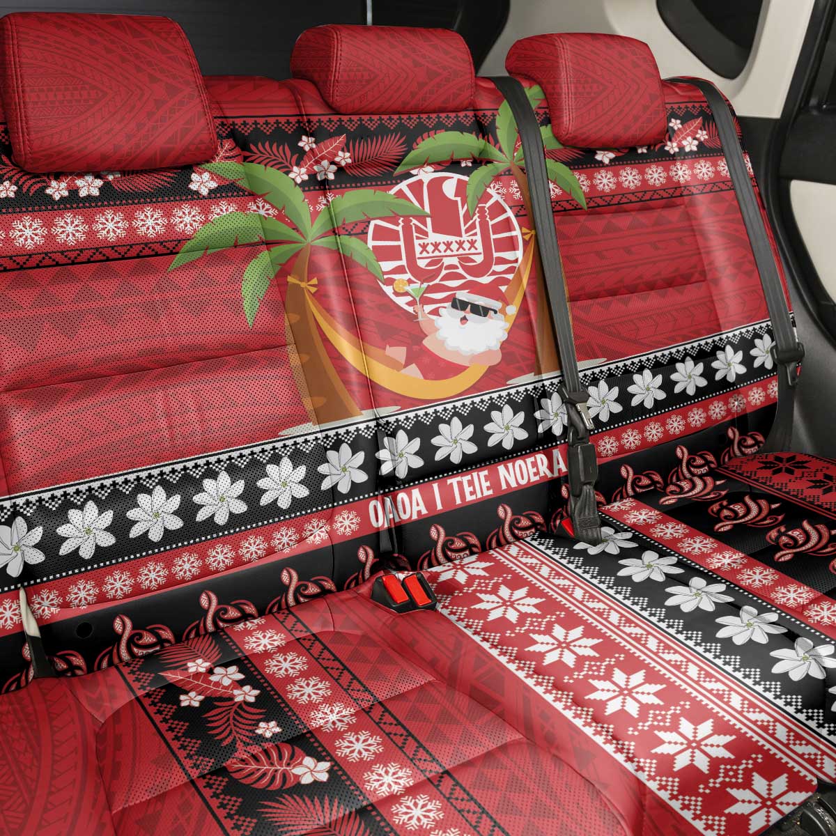 French Polynesia Christmas Back Car Seat Cover Tiare Chilling Santa Oaoa I teie Noera - Polynesian Pride