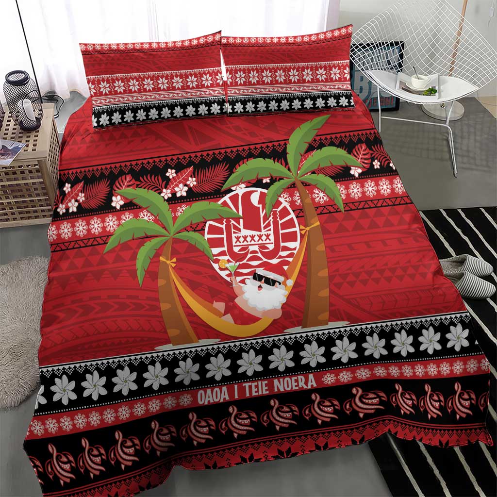 French Polynesia Christmas Bedding Set Tiare Chilling Santa Oaoa I teie Noera - Polynesian Pride