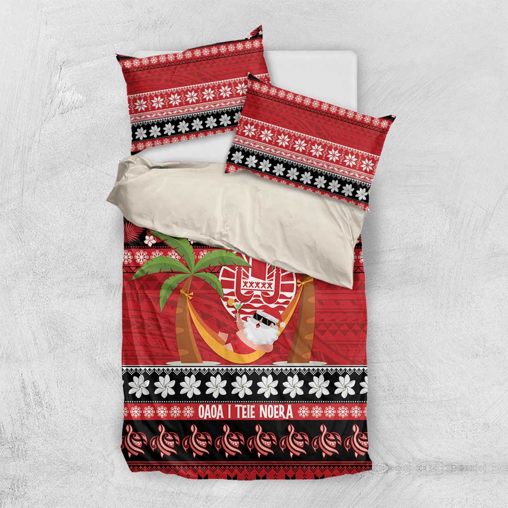 French Polynesia Christmas Bedding Set Tiare Chilling Santa Oaoa I teie Noera - Polynesian Pride