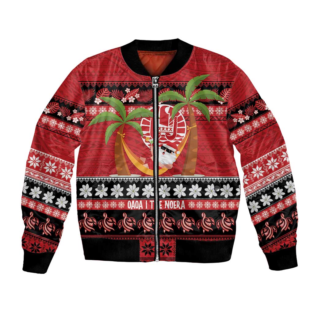 French Polynesia Christmas Bomber Jacket Tiare Chilling Santa Oaoa I teie Noera - Polynesian Pride