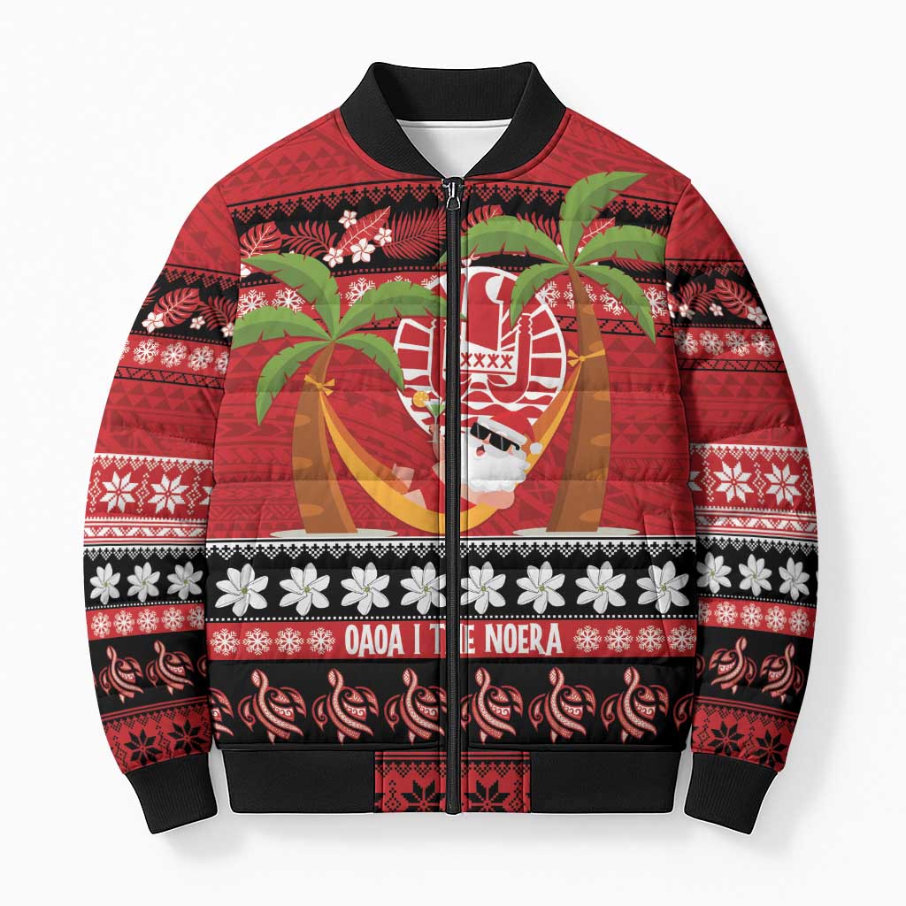 French Polynesia Christmas Bomber Puffer Jacket Tiare Chilling Santa Oaoa I teie Noera - Polynesian Pride