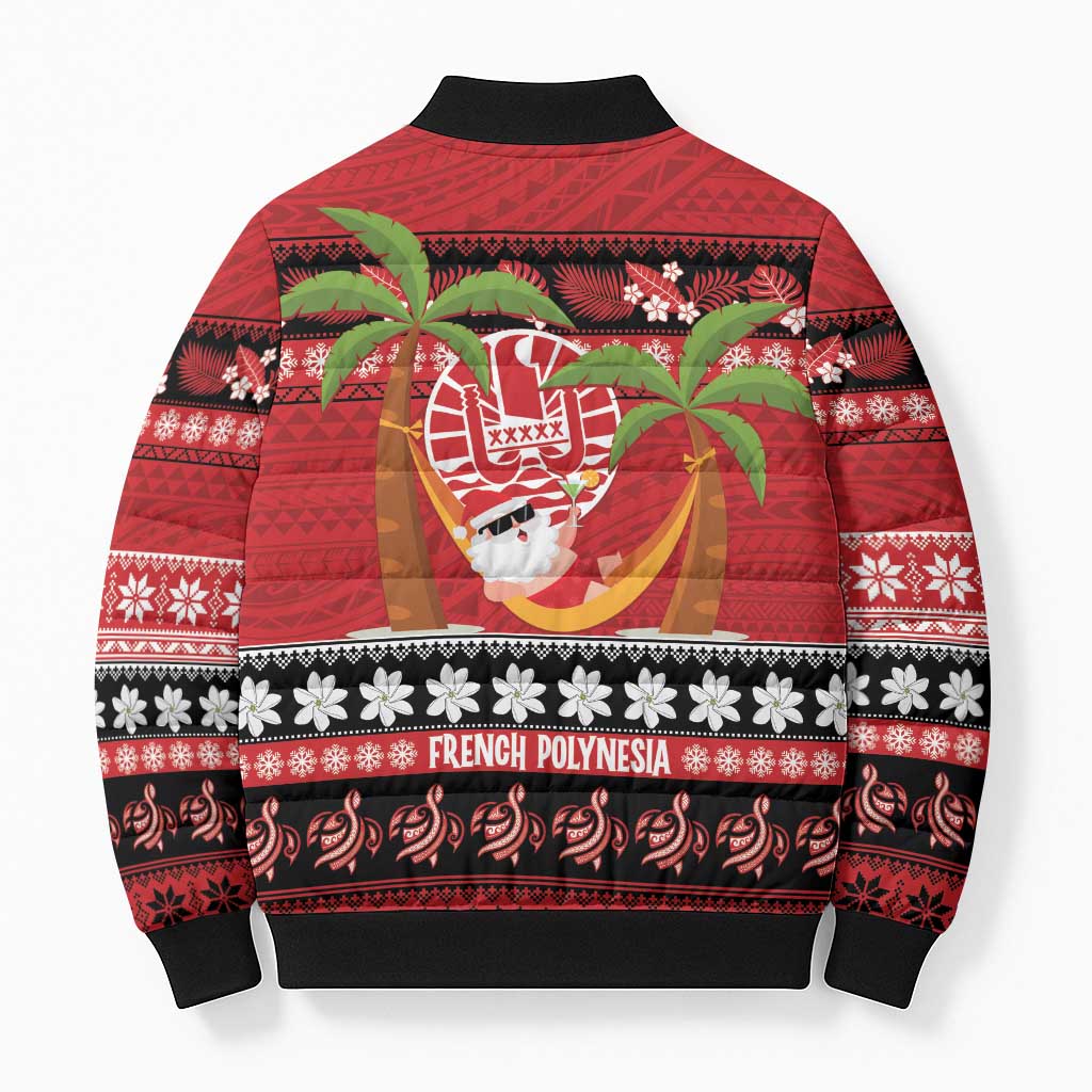 French Polynesia Christmas Bomber Puffer Jacket Tiare Chilling Santa Oaoa I teie Noera - Polynesian Pride