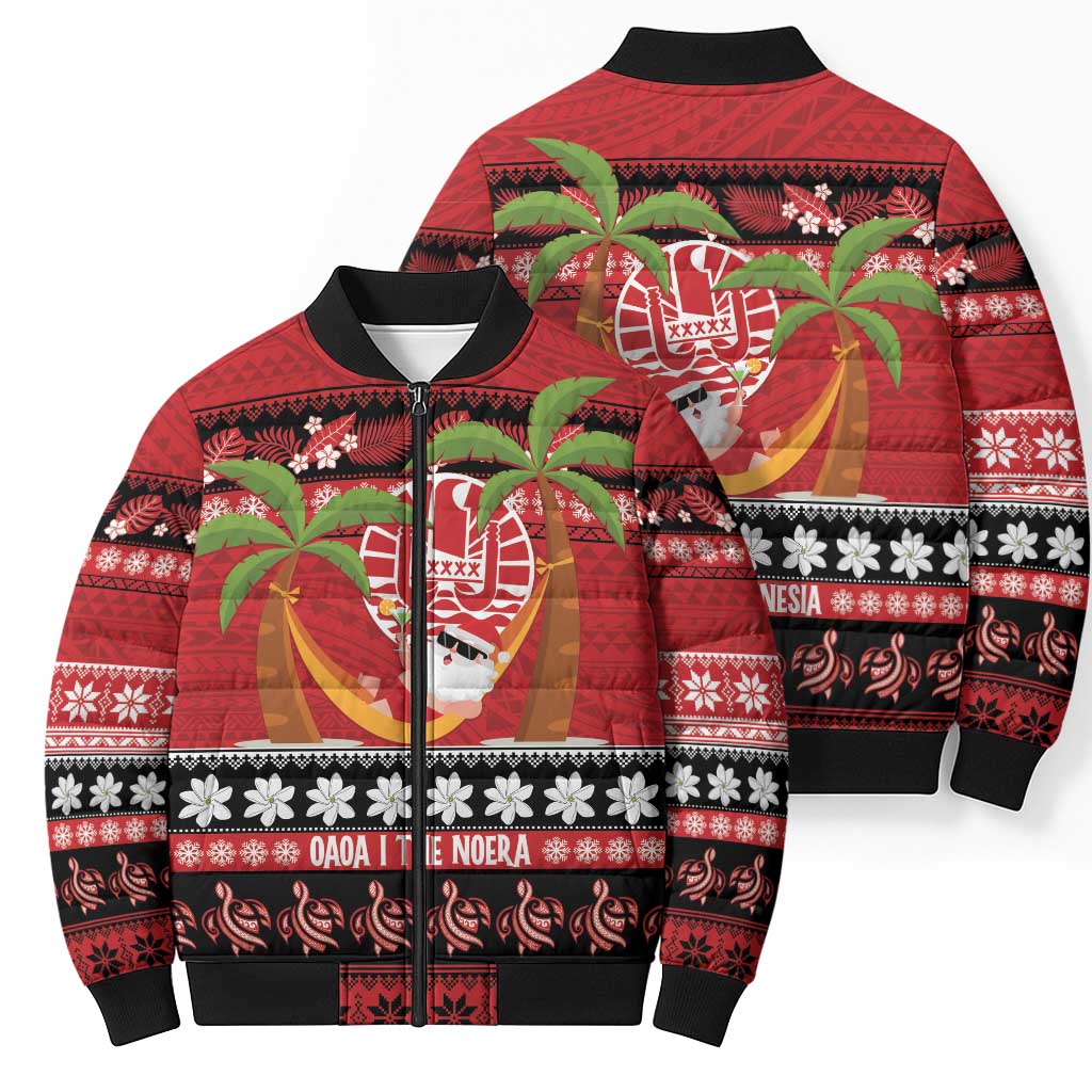 French Polynesia Christmas Bomber Puffer Jacket Tiare Chilling Santa Oaoa I teie Noera - Polynesian Pride