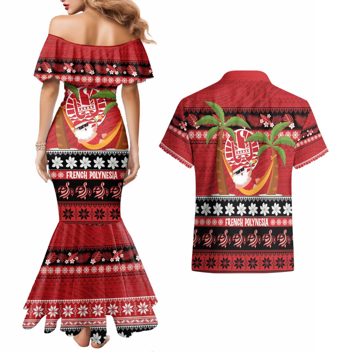 French Polynesia Christmas Couples Matching Mermaid Dress and Hawaiian Shirt Tiare Chilling Santa Oaoa I teie Noera LT14 - Polynesian Pride