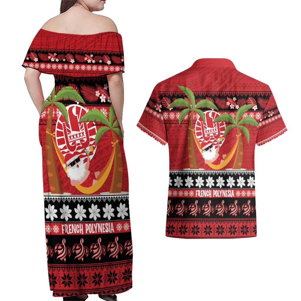 French Polynesia Christmas Couples Matching Off Shoulder Maxi Dress and Hawaiian Shirt Tiare Chilling Santa Oaoa I teie Noera LT14 - Polynesian Pride