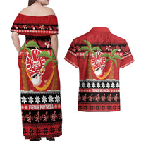 French Polynesia Christmas Couples Matching Off Shoulder Maxi Dress and Hawaiian Shirt Tiare Chilling Santa Oaoa I teie Noera LT14 - Polynesian Pride