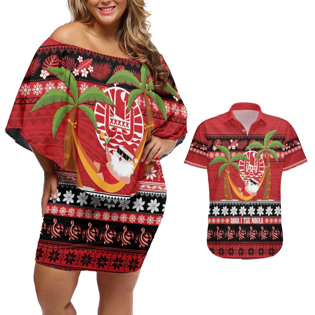 French Polynesia Christmas Couples Matching Off Shoulder Short Dress and Hawaiian Shirt Tiare Chilling Santa Oaoa I teie Noera LT14 Red - Polynesian Pride