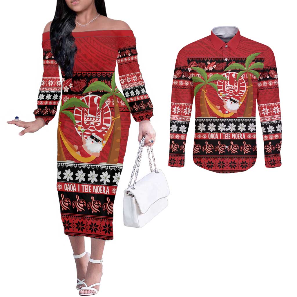 French Polynesia Christmas Couples Matching Off The Shoulder Long Sleeve Dress and Long Sleeve Button Shirt Tiare Chilling Santa Oaoa I teie Noera - Polynesian Pride
