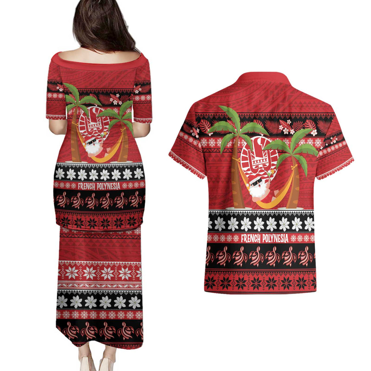 French Polynesia Christmas Couples Matching Puletasi and Hawaiian Shirt Tiare Chilling Santa Oaoa I teie Noera - Polynesian Pride