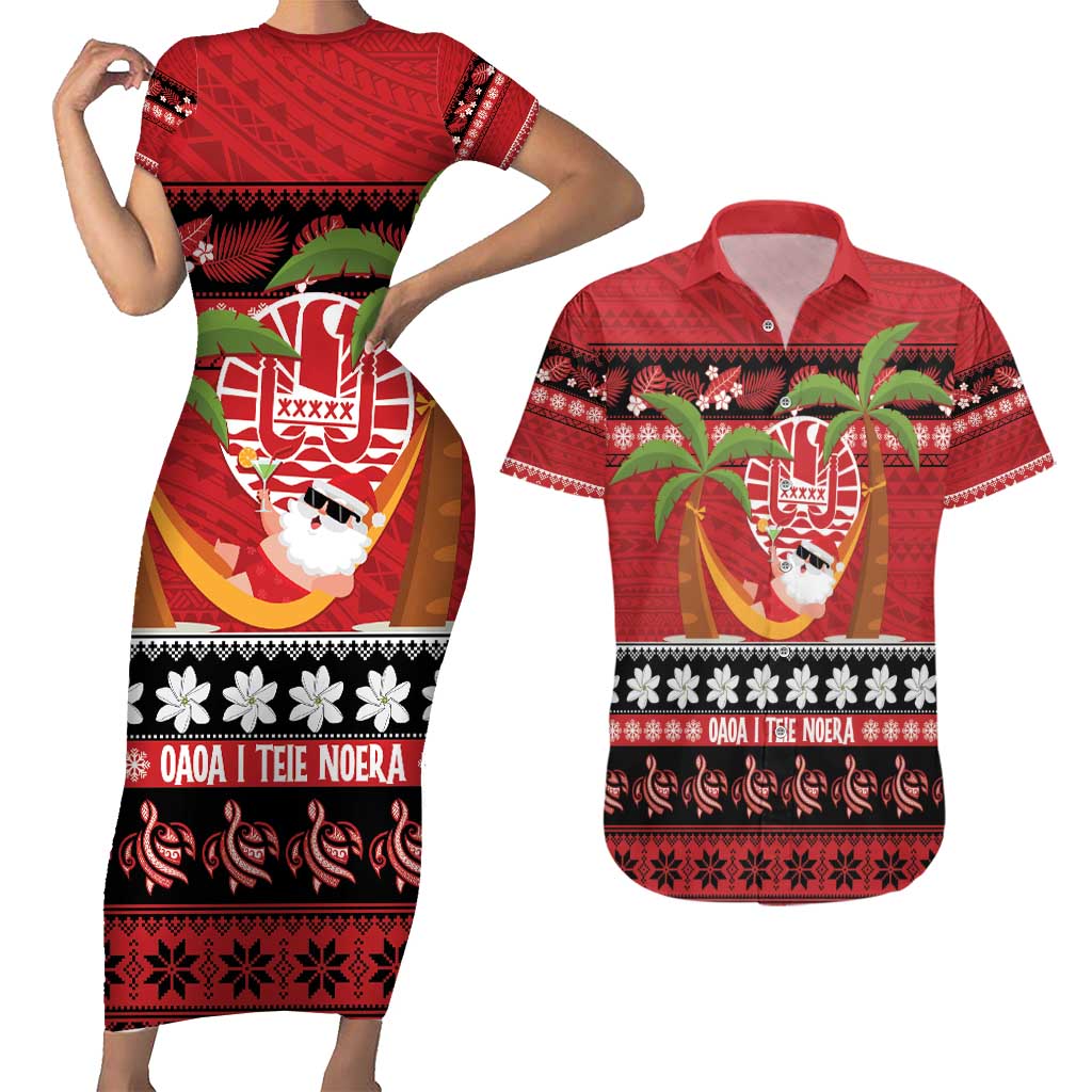 French Polynesia Christmas Couples Matching Short Sleeve Bodycon Dress and Hawaiian Shirt Tiare Chilling Santa Oaoa I teie Noera - Polynesian Pride