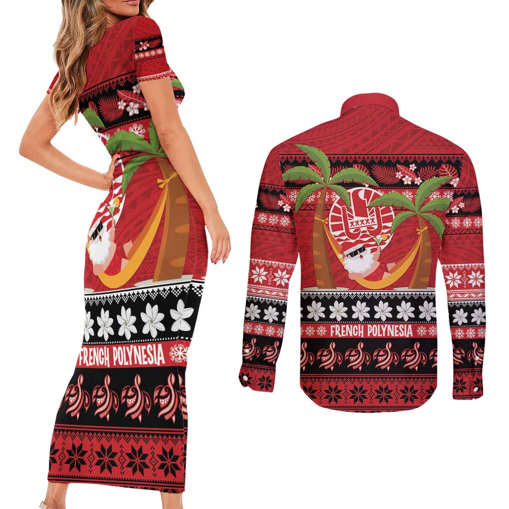 French Polynesia Christmas Couples Matching Short Sleeve Bodycon Dress and Long Sleeve Button Shirt Tiare Chilling Santa Oaoa I teie Noera LT14 - Polynesian Pride