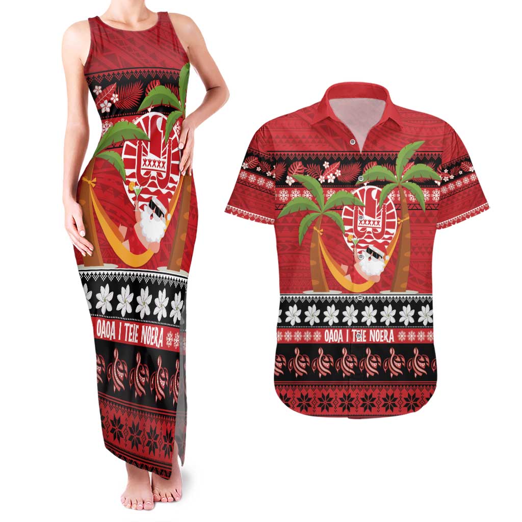 French Polynesia Christmas Couples Matching Tank Maxi Dress and Hawaiian Shirt Tiare Chilling Santa Oaoa I teie Noera - Polynesian Pride