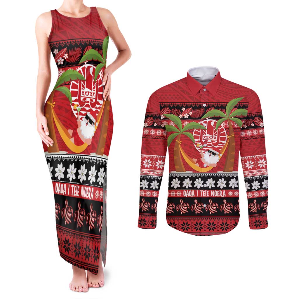 French Polynesia Christmas Couples Matching Tank Maxi Dress and Long Sleeve Button Shirt Tiare Chilling Santa Oaoa I teie Noera - Polynesian Pride