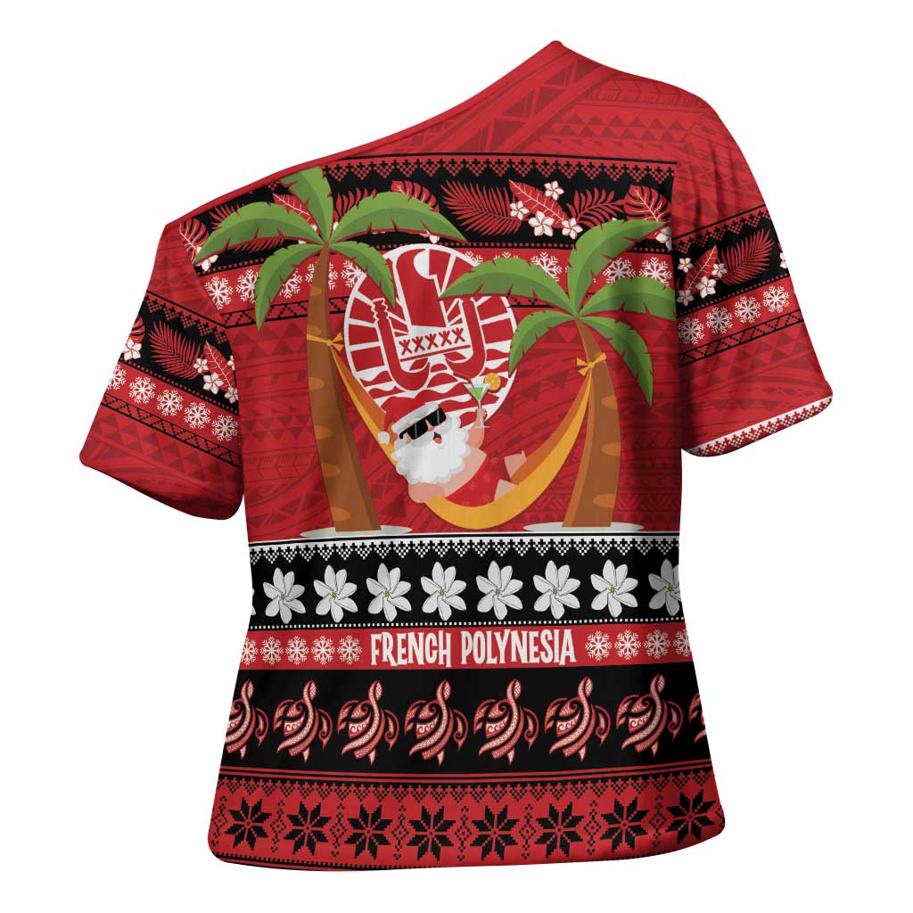 French Polynesia Christmas Cross Shoulder Shirt Tiare Chilling Santa Oaoa I teie Noera - Polynesian Pride