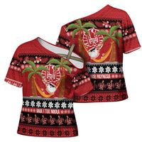 French Polynesia Christmas Cross Shoulder Shirt Tiare Chilling Santa Oaoa I teie Noera - Polynesian Pride