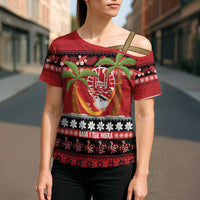 French Polynesia Christmas Cross Shoulder Shirt Tiare Chilling Santa Oaoa I teie Noera - Polynesian Pride