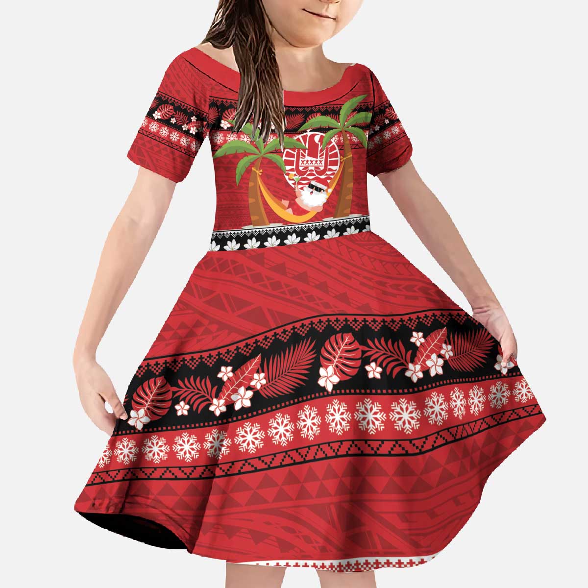 French Polynesia Christmas Family Matching Off The Shoulder Long Sleeve Dress and Hawaiian Shirt Tiare Chilling Santa Oaoa I teie Noera - Polynesian Pride