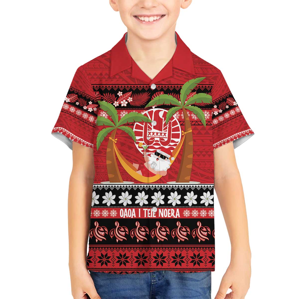 French Polynesia Christmas Family Matching Off The Shoulder Long Sleeve Dress and Hawaiian Shirt Tiare Chilling Santa Oaoa I teie Noera - Polynesian Pride