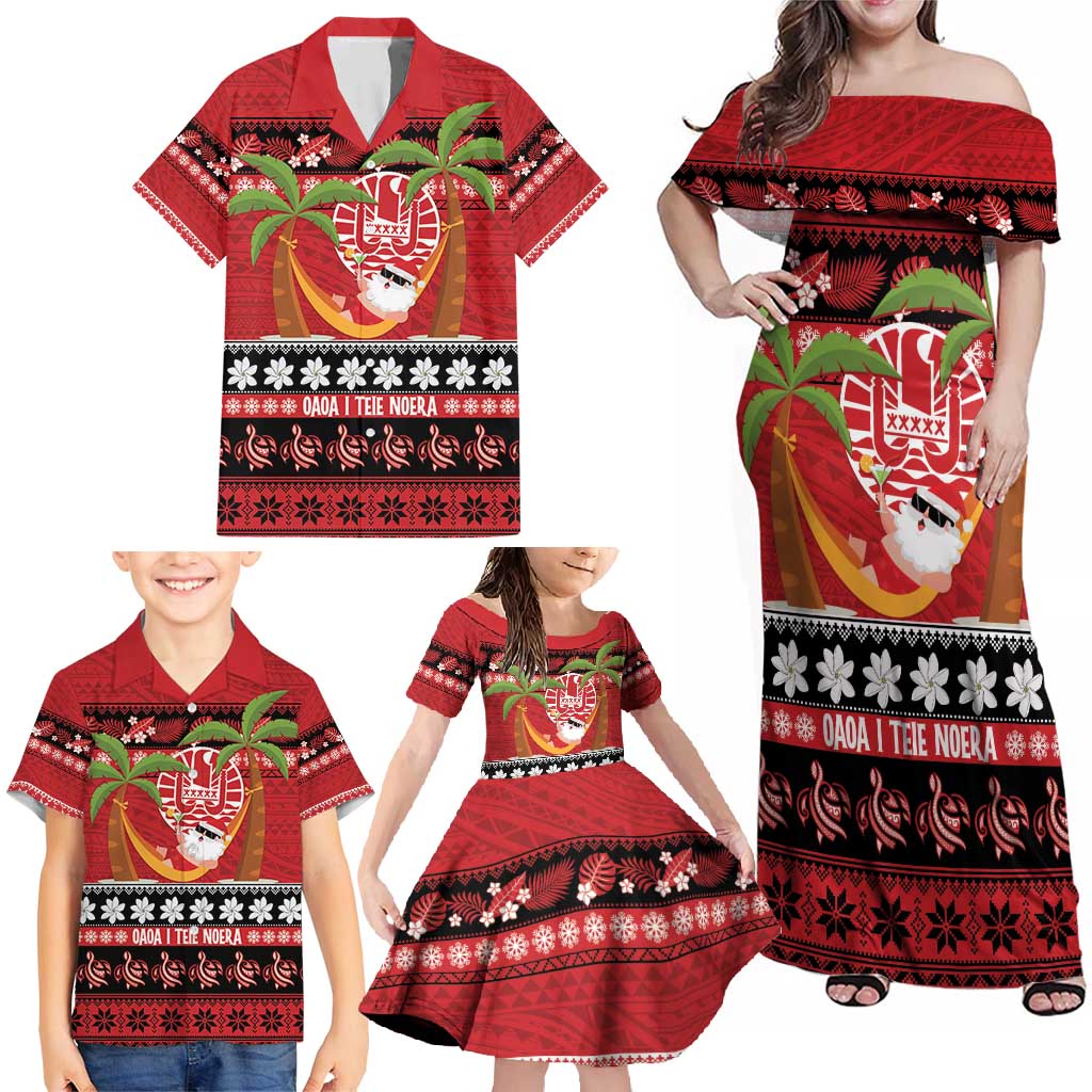 French Polynesia Christmas Family Matching Off Shoulder Maxi Dress and Hawaiian Shirt Tiare Chilling Santa Oaoa I teie Noera - Polynesian Pride