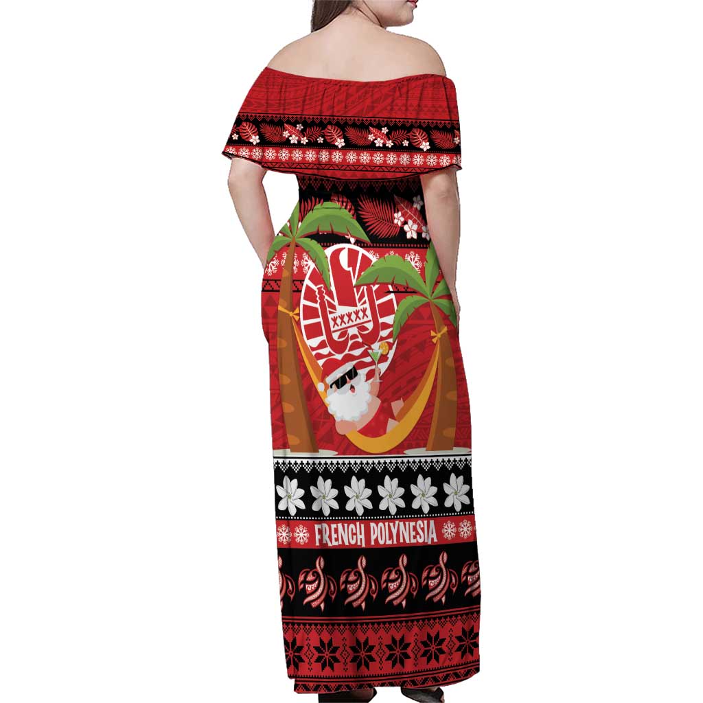 French Polynesia Christmas Family Matching Off Shoulder Maxi Dress and Hawaiian Shirt Tiare Chilling Santa Oaoa I teie Noera - Polynesian Pride