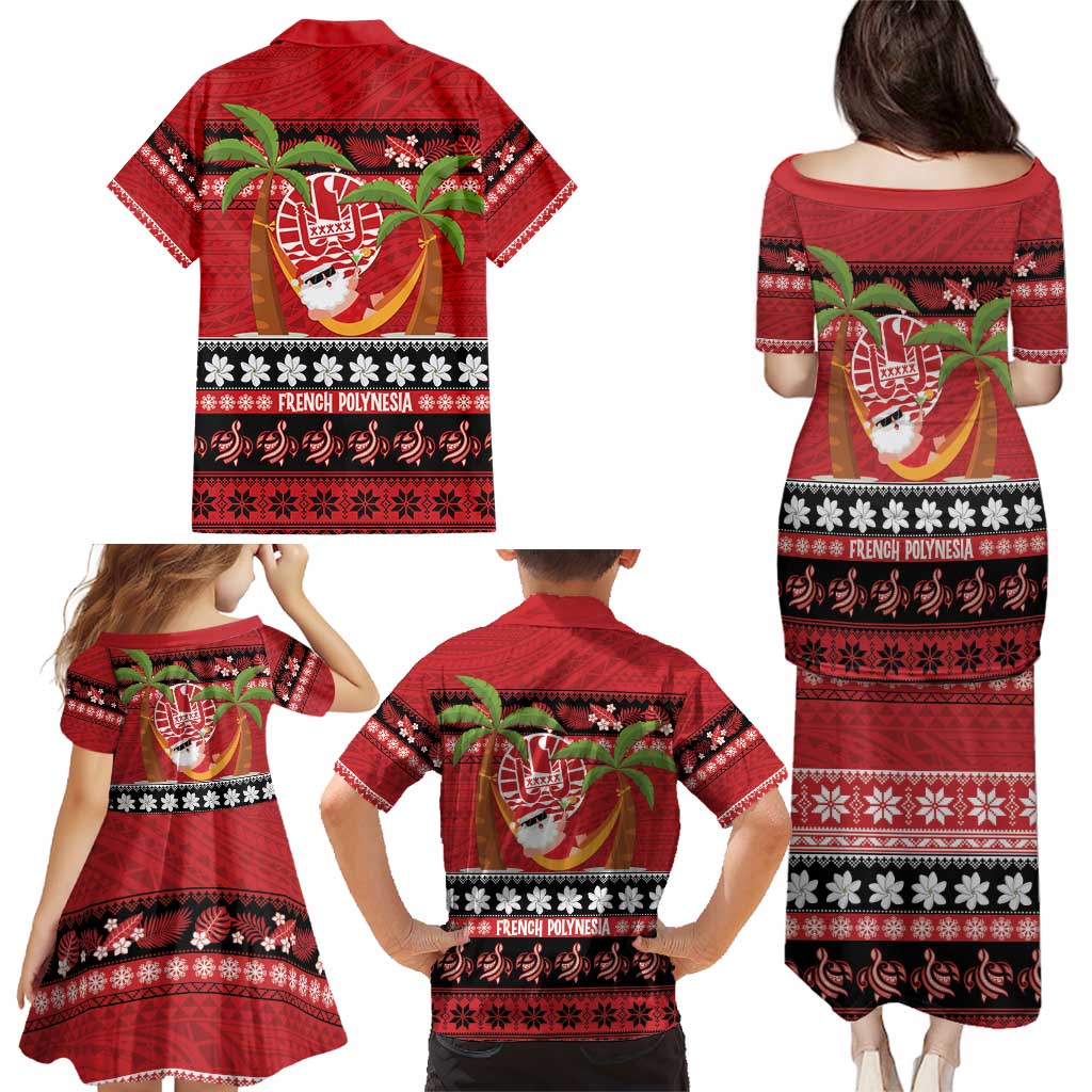 French Polynesia Christmas Family Matching Puletasi and Hawaiian Shirt Tiare Chilling Santa Oaoa I teie Noera - Polynesian Pride
