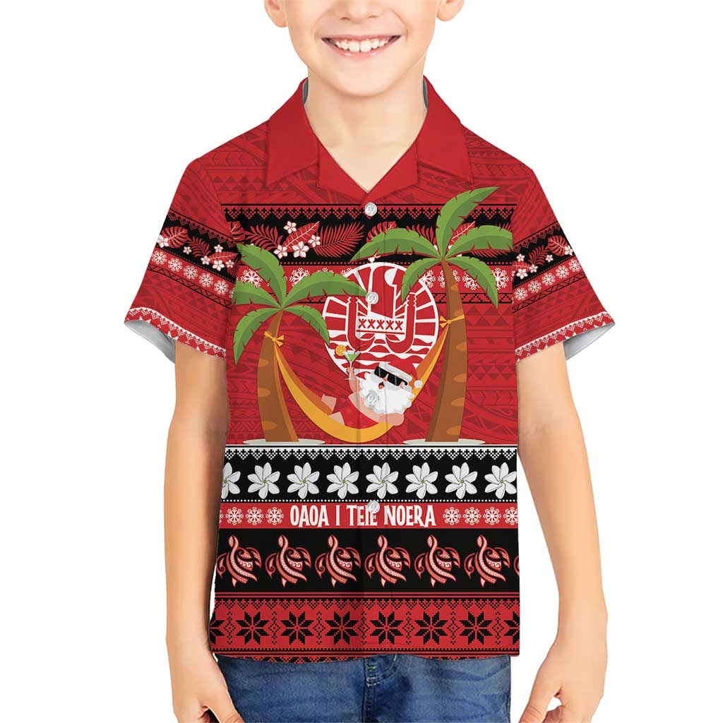 French Polynesia Christmas Family Matching Short Sleeve Bodycon Dress and Hawaiian Shirt Tiare Chilling Santa Oaoa I teie Noera - Polynesian Pride