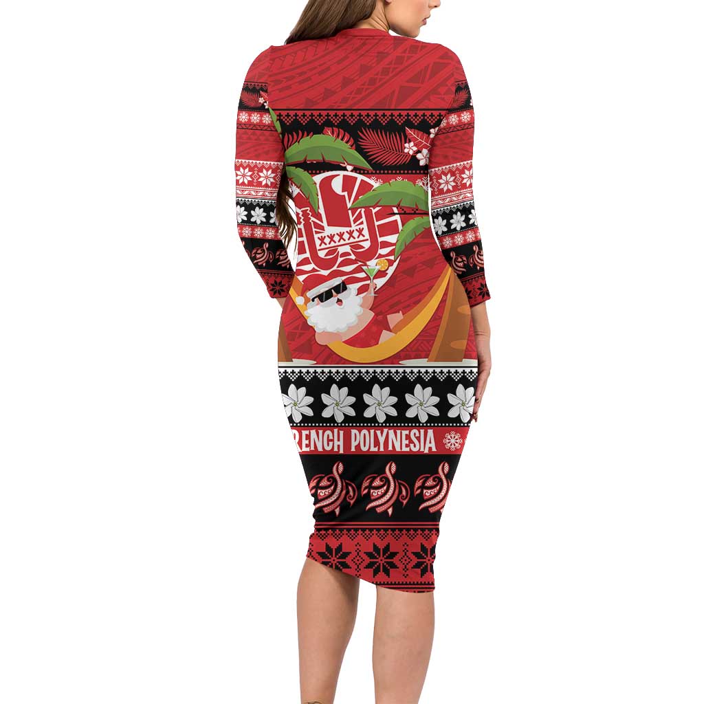 French Polynesia Christmas Long Sleeve Bodycon Dress Tiare Chilling Santa Oaoa I teie Noera - Polynesian Pride