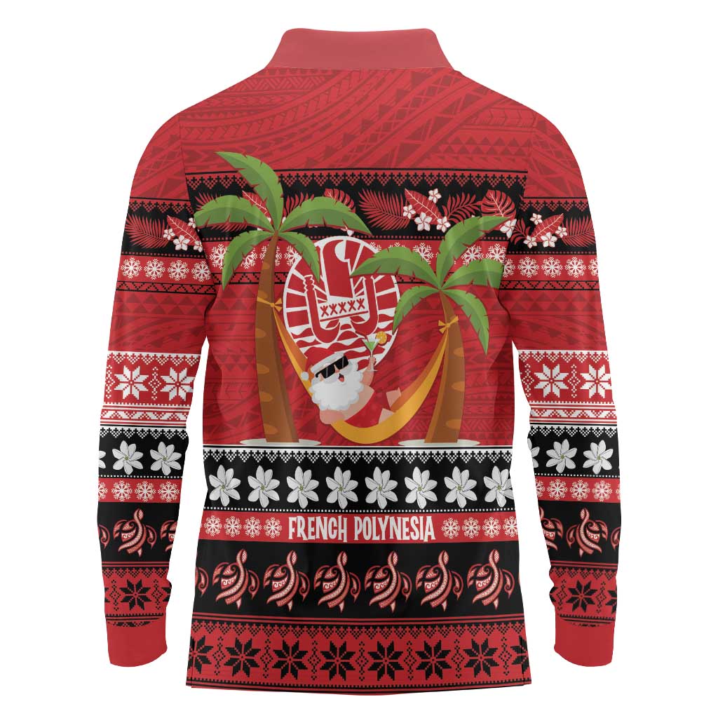 French Polynesia Christmas Long Sleeve Polo Shirt Tiare Chilling Santa Oaoa I teie Noera - Polynesian Pride