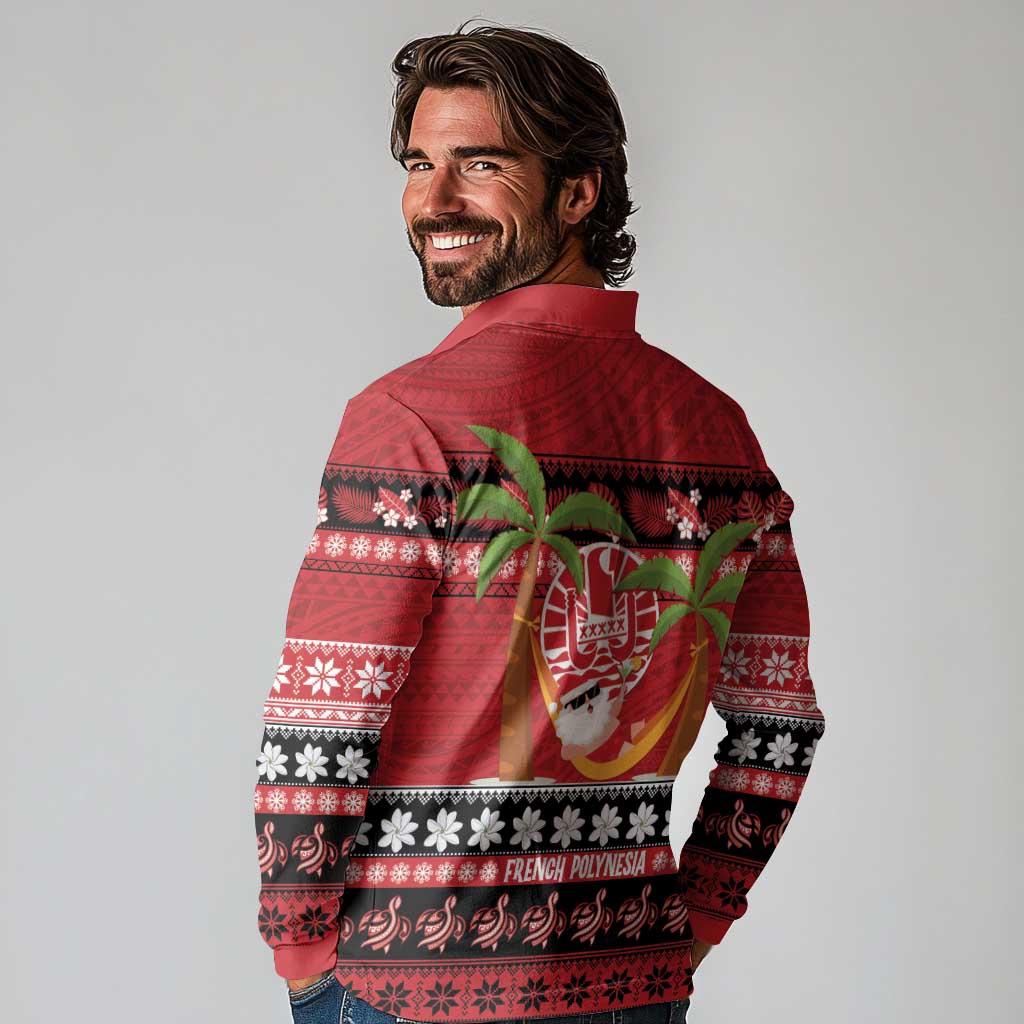 French Polynesia Christmas Long Sleeve Polo Shirt Tiare Chilling Santa Oaoa I teie Noera - Polynesian Pride