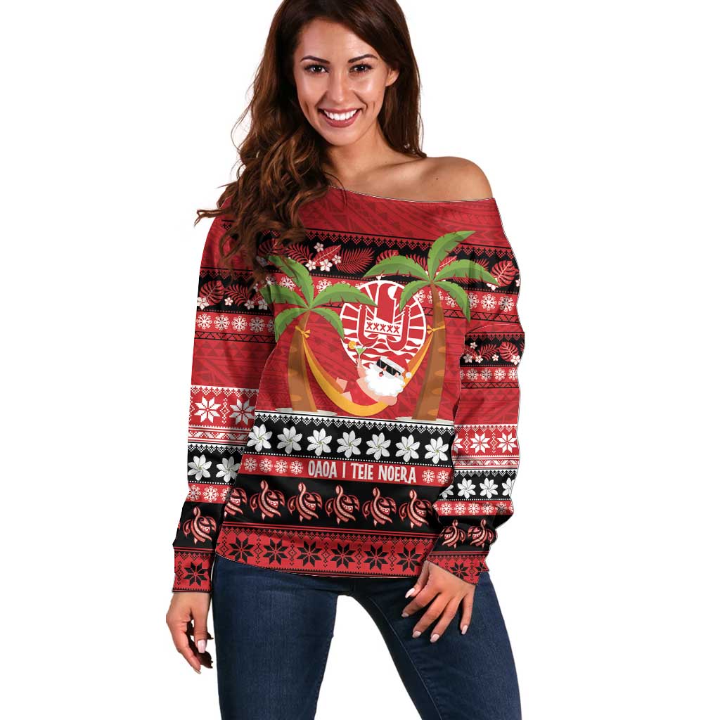French Polynesia Christmas Off Shoulder Sweater Tiare Chilling Santa Oaoa I teie Noera - Polynesian Pride