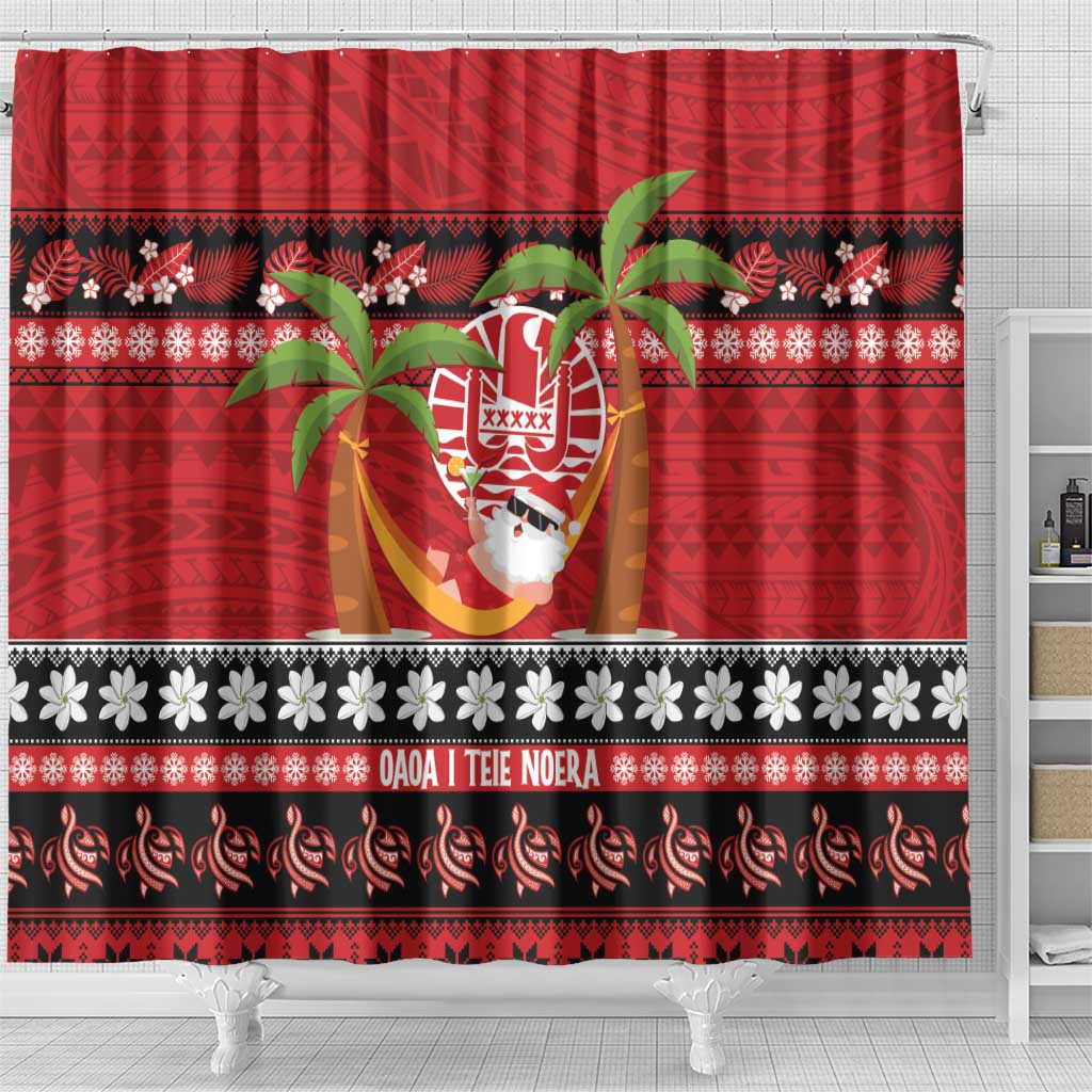 French Polynesia Christmas Shower Curtain Tiare Chilling Santa Oaoa I teie Noera - Polynesian Pride