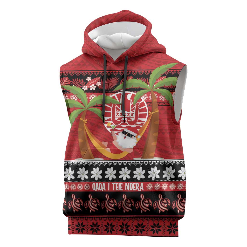 French Polynesia Christmas Sleeveless Hoodie Tiare Chilling Santa Oaoa I teie Noera - Polynesian Pride
