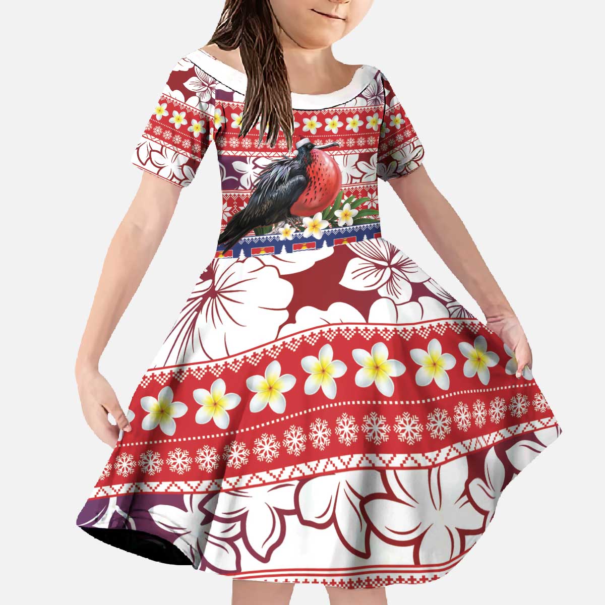 Kiribati Christmas Family Matching Off The Shoulder Long Sleeve Dress and Hawaiian Shirt Frigatebird Santa Tekeraoi n te Kiritimati - Polynesian Pride