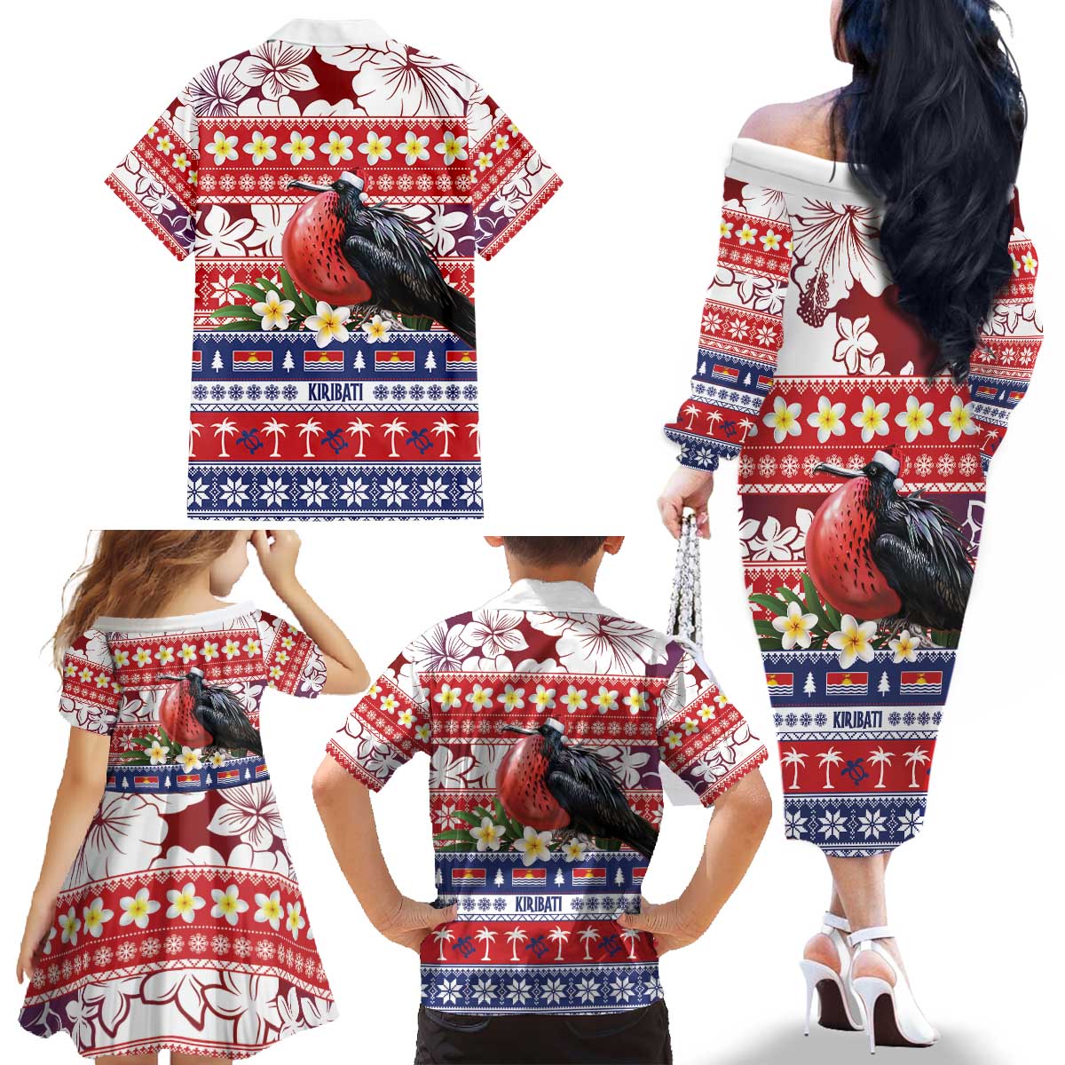 Kiribati Christmas Family Matching Off The Shoulder Long Sleeve Dress and Hawaiian Shirt Frigatebird Santa Tekeraoi n te Kiritimati - Polynesian Pride