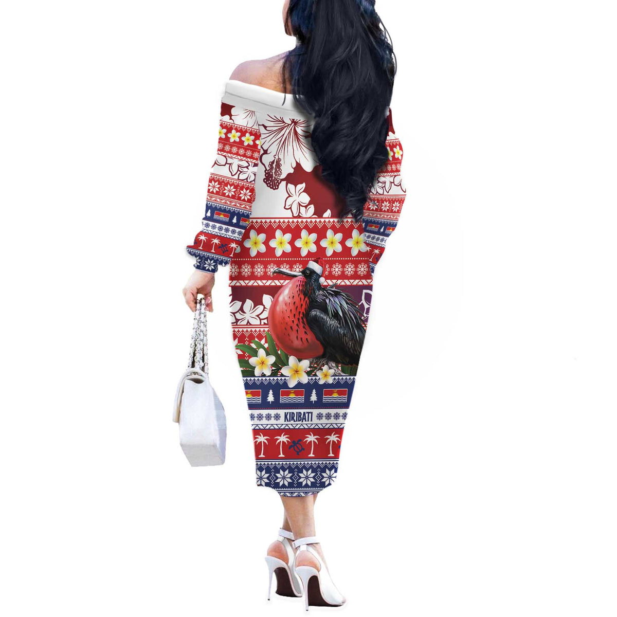 Kiribati Christmas Off The Shoulder Long Sleeve Dress Frigatebird Santa Tekeraoi n te Kiritimati - Polynesian Pride