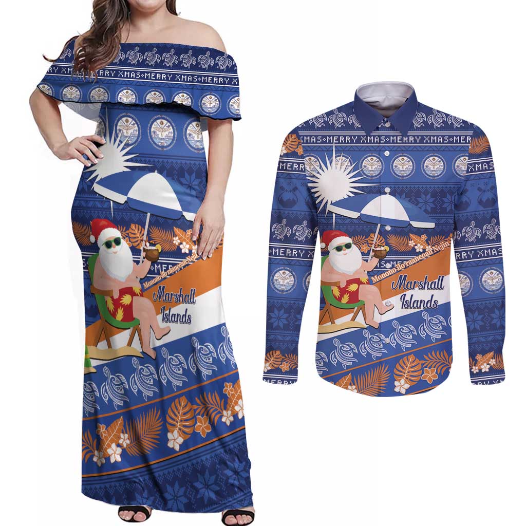 Marshall Islands Christmas Couples Matching Off Shoulder Maxi Dress and Long Sleeve Button Shirt Beachy Santa Monono ilo raaneoan Nejin - Polynesian Pride