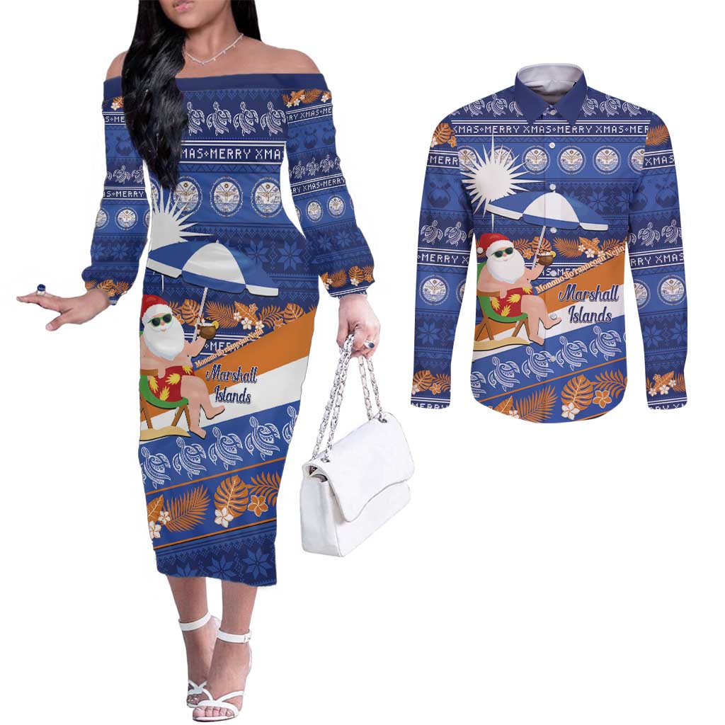 Marshall Islands Christmas Couples Matching Off The Shoulder Long Sleeve Dress and Long Sleeve Button Shirt Beachy Santa Monono ilo raaneoan Nejin - Polynesian Pride