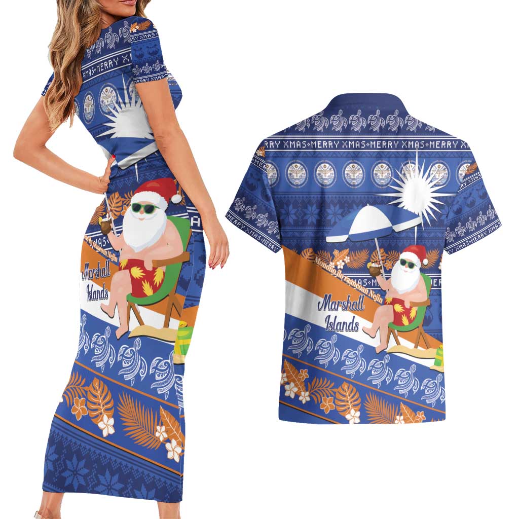 Marshall Islands Christmas Couples Matching Short Sleeve Bodycon Dress and Hawaiian Shirt Beachy Santa Monono ilo raaneoan Nejin - Polynesian Pride