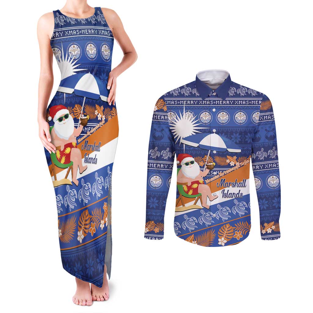 Marshall Islands Christmas Couples Matching Tank Maxi Dress and Long Sleeve Button Shirt Beachy Santa Monono ilo raaneoan Nejin - Polynesian Pride