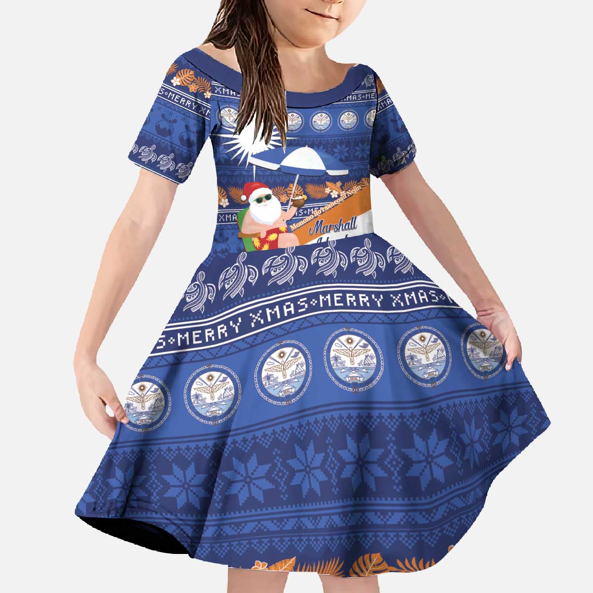 Marshall Islands Christmas Family Matching Off The Shoulder Long Sleeve Dress and Hawaiian Shirt Beachy Santa Monono ilo raaneoan Nejin - Polynesian Pride
