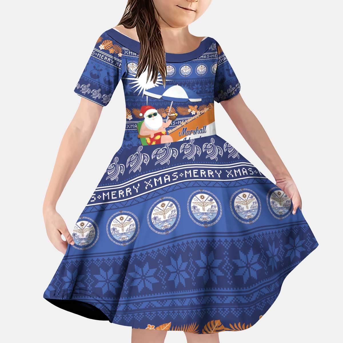 Marshall Islands Christmas Kid Short Sleeve Dress Beachy Santa Monono ilo raaneoan Nejin - Polynesian Pride
