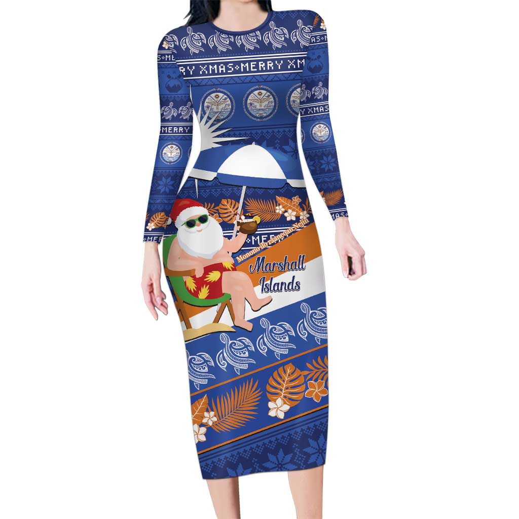 Marshall Islands Christmas Long Sleeve Bodycon Dress Beachy Santa Monono ilo raaneoan Nejin - Polynesian Pride