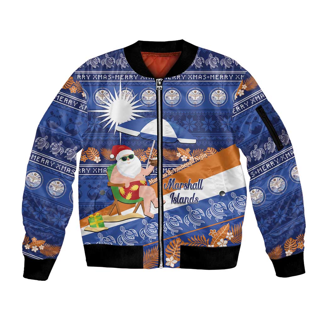 Marshall Islands Christmas Sleeve Zip Bomber Jacket Beachy Santa Monono ilo raaneoan Nejin - Polynesian Pride