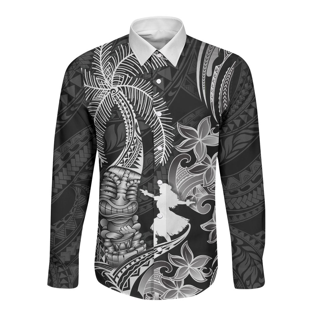 Hawaii Tribal Tiki Drum Hula Girl Long Sleeve Button Shirt LT14 Unisex Black - Polynesian Pride